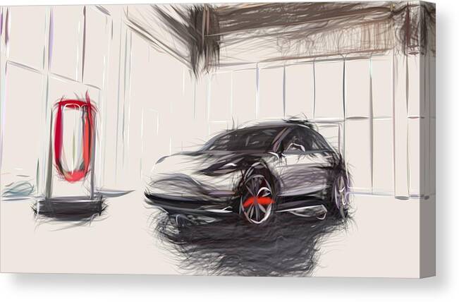Tesla Canvas Print featuring the digital art Tesla Model 3 Prototype Draw #7 by CarsToon Concept
