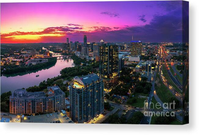 Aerial Canvas Print featuring the photograph Aerial panorama view as beautiful sunset falls over the Rainey D by Dan Herron