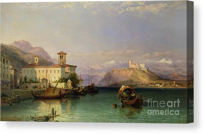 Bell Tower Canvas Print featuring the painting Arona And The Castle Of Angera, Lake Maggiore, 1856 by George Edwards Hering