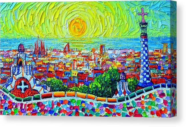 Barcelona Canvas Print featuring the painting BARCELONA PARK GUELL SUNRISE textural impasto abstract city knife oil painting by Ana Maria Edulescu by Ana Maria Edulescu