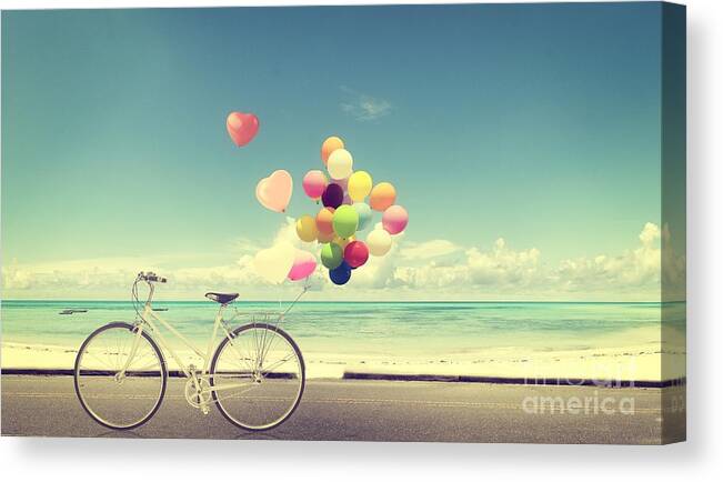 Romance Canvas Print featuring the photograph Bicycle Vintage With Heart Balloon by Jakkapan