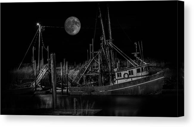 Full Canvas Print featuring the photograph Black and White Art Fishing Boat and Full Moon by Darius Aniunas