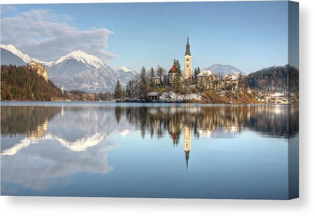 Santa Maria Church Canvas Print featuring the photograph Bled Lake, Slovenia by Rinek