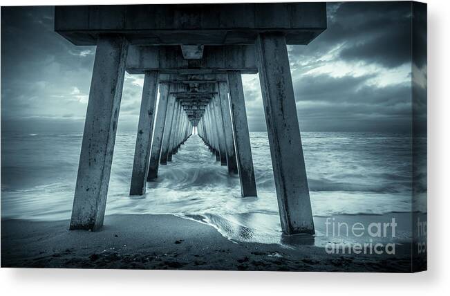 Black And White Canvas Print featuring the photograph Blue Sunset at Venice Pier, Florida, Monochrome by Liesl Walsh