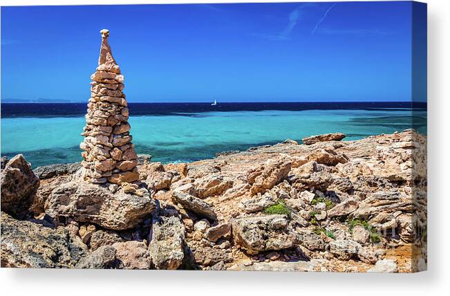 Stone Pile Canvas Print featuring the photograph Cap de Ses Salines, Mallorca, Spain by Lyl Dil Creations