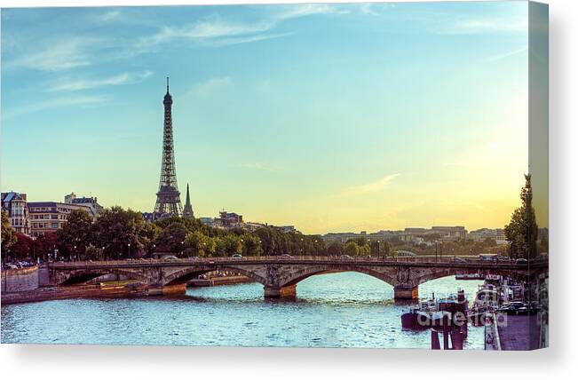 City Canvas Print featuring the photograph Eiffel Tower And Seine River Panoramic by Hipgnosis