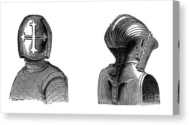 Circa 13th Century Canvas Print featuring the drawing Helmets, 13th And 15th Centuries, 1870 by Print Collector