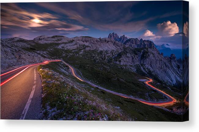 Night Canvas Print featuring the photograph Light Tracks On A Pass Road In The Dolomites by Bastian Mller