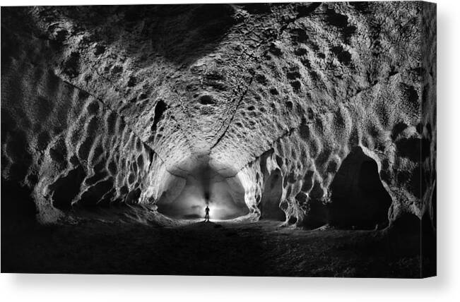 Cave Canvas Print featuring the photograph Little Man In The Underworld by Christian Roustan (kikroune)