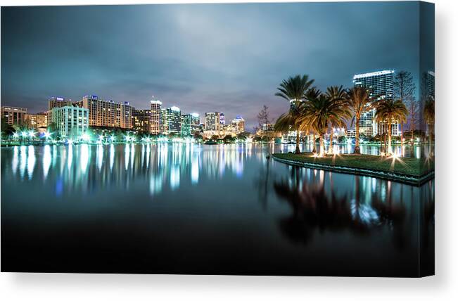 Outdoors Canvas Print featuring the photograph Orlando Night Cityscape by Sky Noir Photography By Bill Dickinson