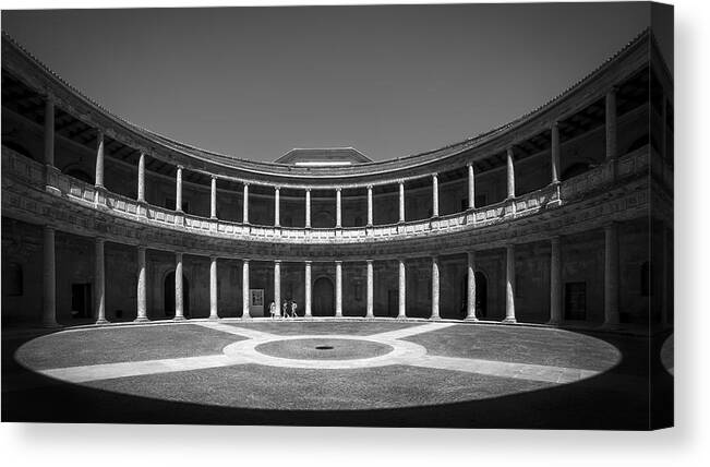 #palacecarlosv #laalhambra #whiteandblack #b&n
#architecture #granada #andalucia Canvas Print featuring the photograph Palace Of Carlos V by Rafa Roldan