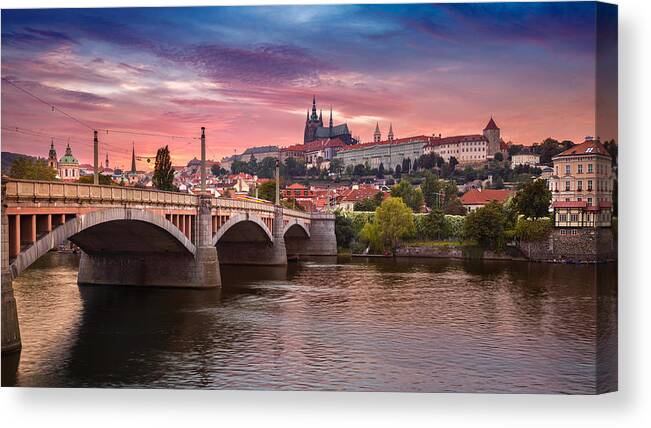 Cityscape Canvas Print featuring the photograph Prague At Sunset. Image Of Prague by Rudi1976