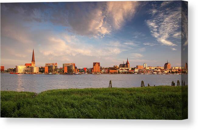 Landscape Canvas Print featuring the photograph Rostock, Germany. Panoramic Cityscape by Rudi1976