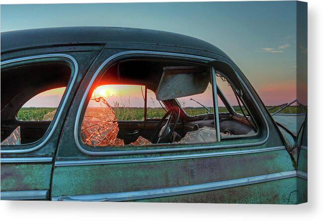 1947 47 Chevy Coup Cruiser Car Vintage Abandoned Nostalgia Nostalgic Broken Window Glass Shattered Farm Prairie Canvas Print featuring the photograph Shattered Dreams - Abandoned 1947 Chevy Coup at sunrise in ND by Peter Herman