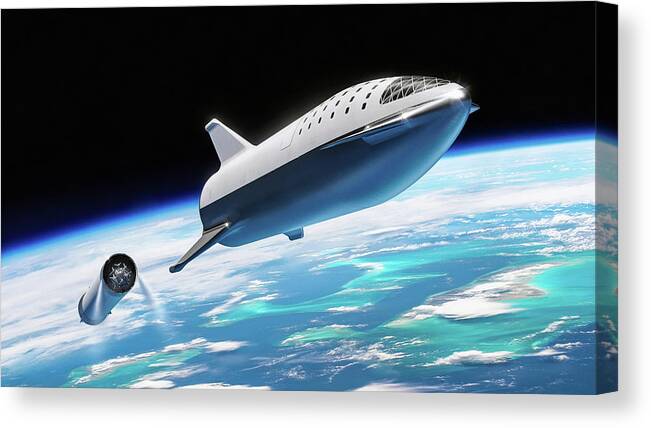 Spacex Canvas Print featuring the digital art SpaceX BFR Big Falcon Rocket with Earth by Pic by SpaceX Edit by M Hauser