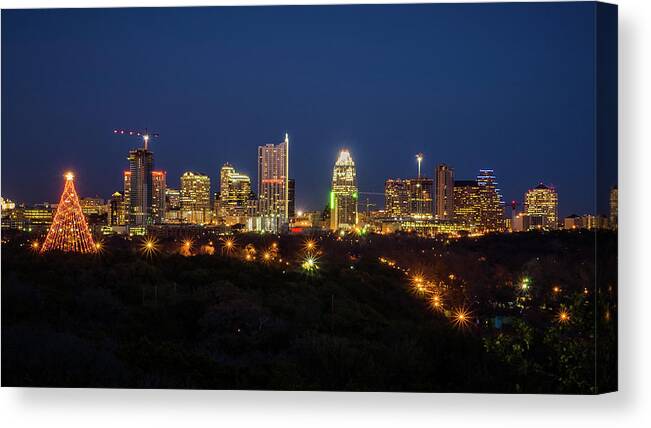 Tranquility Canvas Print featuring the photograph Zilker Christmas Tree, Austin Skyline by Jonathan Lachance