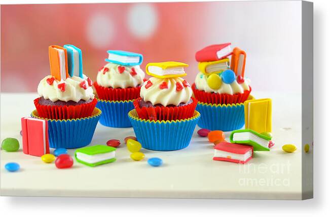 Back To School Canvas Print featuring the photograph Bright colorful Back to School theme cupcakes. #1 by Milleflore Images