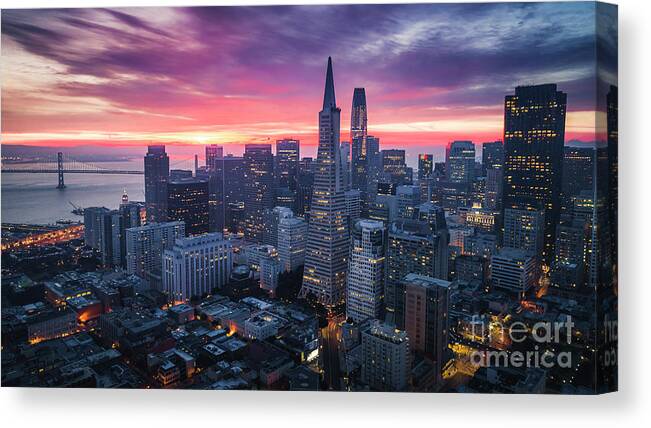 Bay Bridge Canvas Print featuring the photograph San Francisco Skyline at Sunrise #2 by Hey Engel