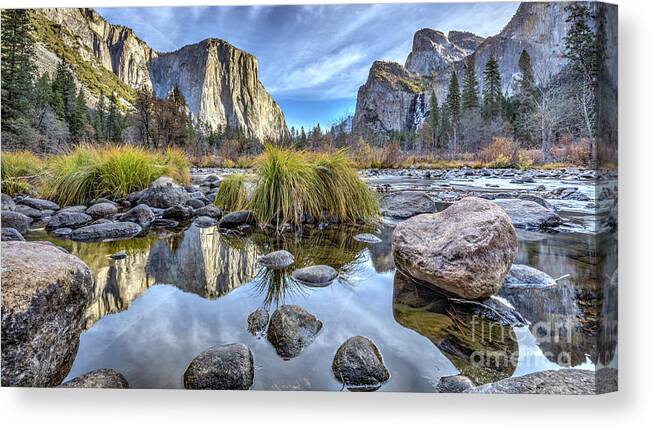 Valley View Yosemite National Park Reflections Of El Capitan In The Merced River Canvas Print featuring the photograph Valley View Yosemite National Park Reflections of El Capitan in the Merced River #1 by Dustin K Ryan