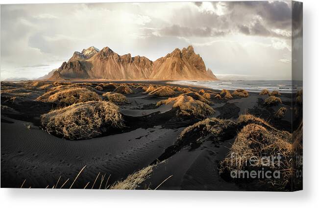 Landscape Canvas Print featuring the photograph Vestrahorn mountains and Stokksnes beach near Hofn, Iceland #1 by Jane Rix
