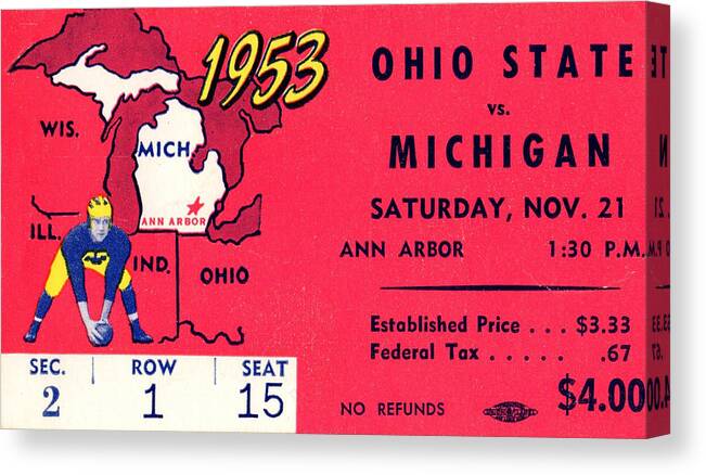 Ann Arbor Canvas Print featuring the mixed media 1953 Ohio State vs. Michigan by Row One Brand