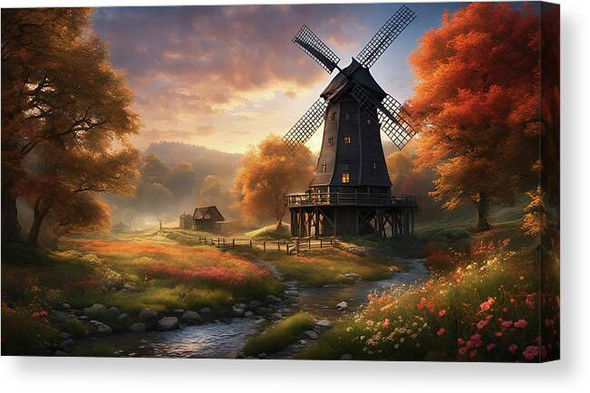 Windmill Canvas Print featuring the mixed media 241pg-Fantastical old windmill and lake and garden-1545 by Donald Keith