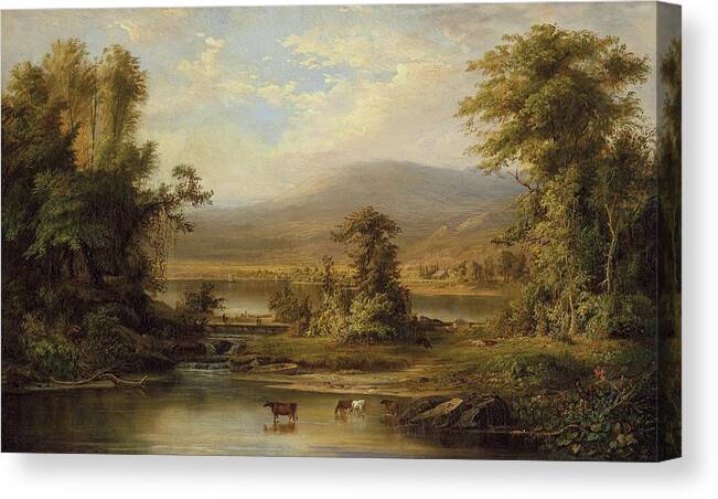 American Landscapes Canvas Print featuring the painting Landscape with Cows Watering in a Stream #3 by Robert S Duncanson