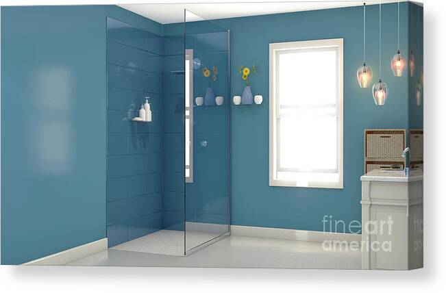 Interior Canvas Print featuring the digital art Modern Blue Bathroom Interior #3 by Allan Swart