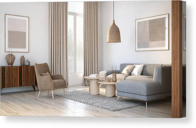 Rug Canvas Print featuring the photograph Modern scandinavian living room interior - 3d render by CreativaStudio