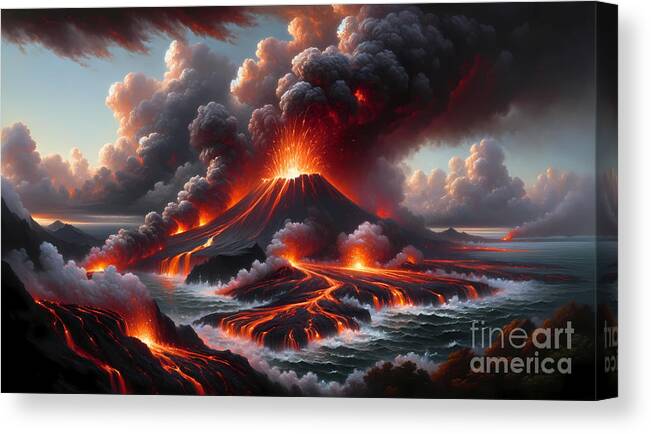 Volcano Canvas Print featuring the painting A fiery volcano erupting on a remote island with lava flowing into the sea by Jeff Creation