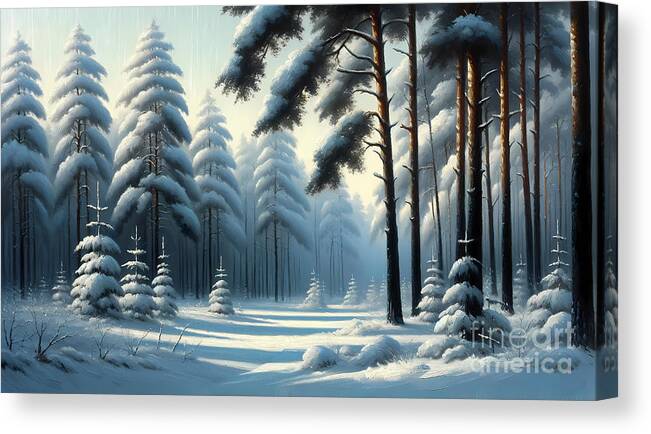 Snow Canvas Print featuring the painting A peaceful snowy scene in a dense pine forest by Jeff Creation