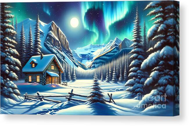 Snowy Canvas Print featuring the painting A snowy scene of a log cabin in the Canadian Rockies, with northern lights dancing in the sky. by Jeff Creation