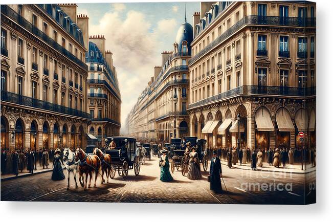 Paris Canvas Print featuring the painting A turn-of-the-century Parisian boulevard scene, with horse-drawn carriages and pedestrians. by Jeff Creation