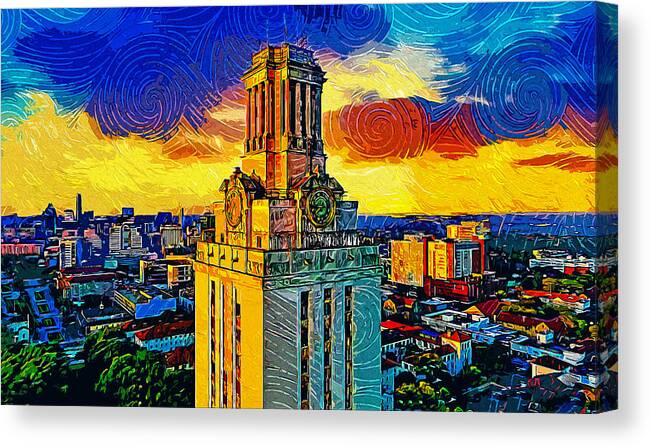 Main Building Canvas Print featuring the digital art Aerial of the Main Building of the University of Texas at Austin - impressionist painting by Nicko Prints