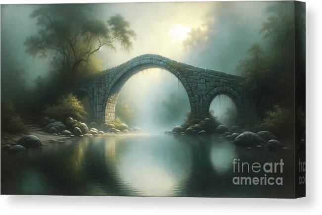 Ancient Canvas Print featuring the painting An ancient stone bridge over a serene pond in a misty morning by Jeff Creation