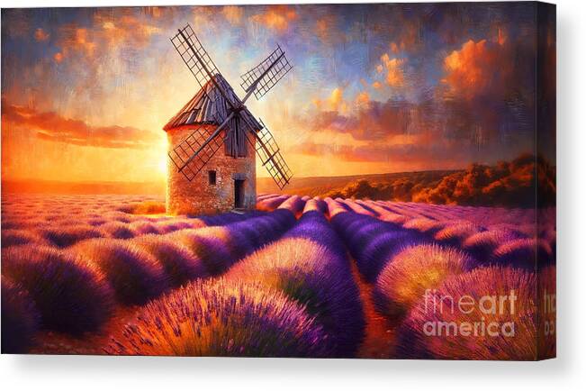 Provence Canvas Print featuring the painting An old windmill on a lavender field in Provence, with a sunset backdrop. by Jeff Creation