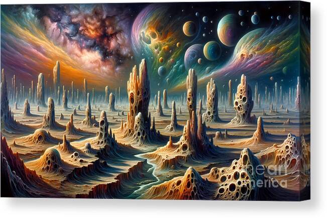 Otherworldly Canvas Print featuring the painting An otherworldly alien landscape with bizarre rock formations and a surreal sky by Jeff Creation