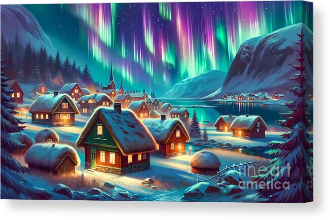 Aurora Canvas Print featuring the digital art Aurora in Norway, The Northern Lights illuminating a quaint Scandinavian village by Jeff Creation