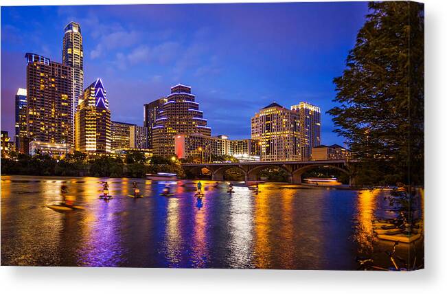 Pedal Boat Canvas Print featuring the photograph Austin, Texas Downtown Skyline at Night by CrackerClips