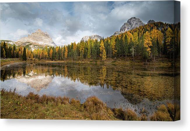 Antorno Lake Canvas Print featuring the photograph Lake antorno in autumn Italian dolomiti by Michalakis Ppalis