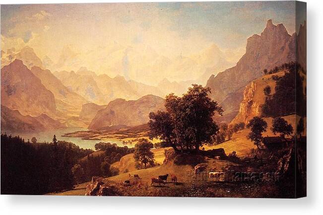 Beach Canvas Print featuring the painting Bernese Alps, as Seen near Kusmach by Albert Bierstadt by MotionAge Designs