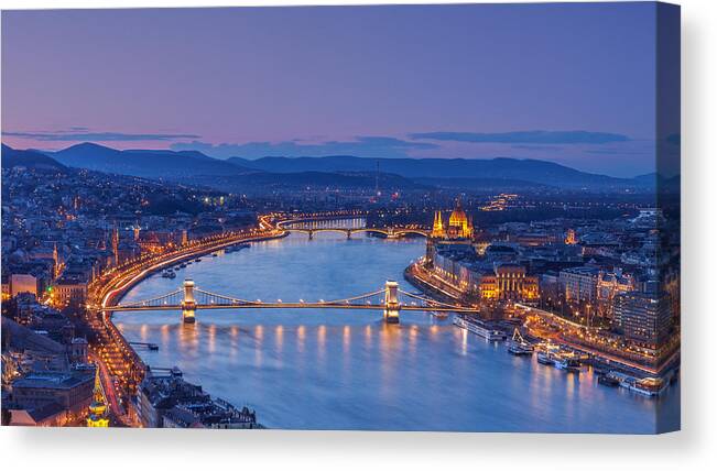 Panoramic Canvas Print featuring the photograph Budapest in the night by Peter Zelei Images