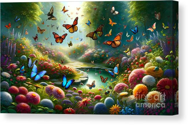 Butterfly Canvas Print featuring the digital art Butterfly Garden, A lush garden filled with various species of butterflies and flowers by Jeff Creation