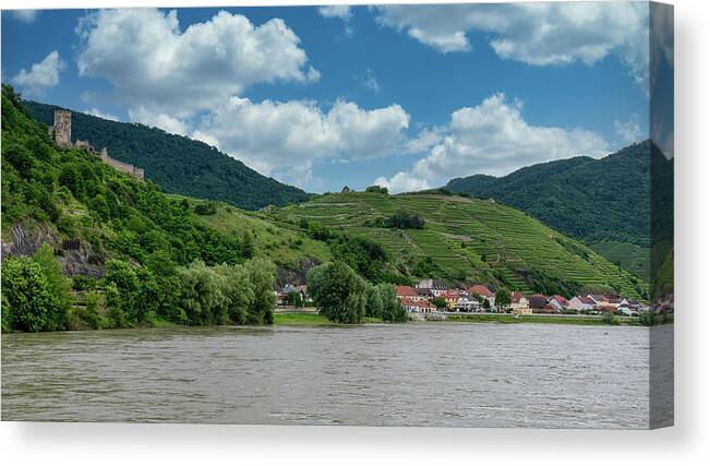 Austria Canvas Print featuring the photograph Castle overlooking Austrian village on the Danube by Matthew DeGrushe