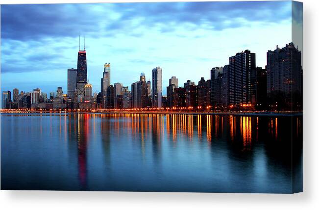 Architecture Canvas Print featuring the photograph Chicago Skyline Dusk Lights Blue Water by Patrick Malon