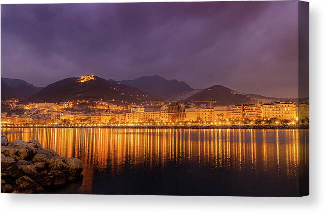 Italia Canvas Print featuring the photograph Cloudy evening on Salerno, Italy by Umberto Barone