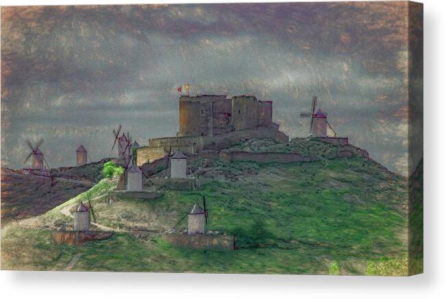 Spain Canvas Print featuring the photograph Consuegra Castle and Windmills, Painterly Texture by Marcy Wielfaert