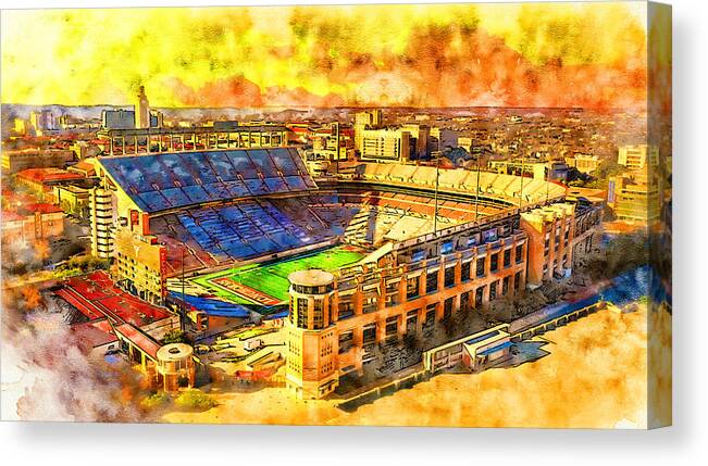 Darrell K Royal–texas Memorial Stadium Canvas Print featuring the digital art Darrell K Royal-Texas Memorial Stadium in Austin at sunset - pen and watercolor by Nicko Prints