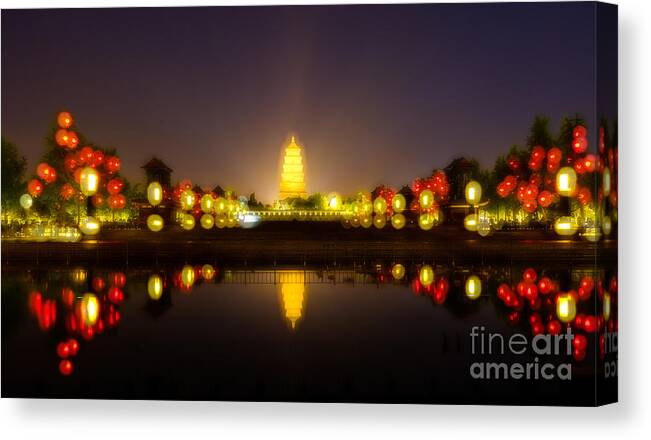 Goose Pagoda Canvas Print featuring the photograph Giant Goose Pagoda at Night #1 by Iryna Liveoak