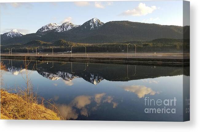 #alaska #juneau #ak #cruise #tours #vacation #peaceful #reflection #twinlakes #egandrive #douglas #capitalcity #clouds #evening #dusk Canvas Print featuring the photograph Douglas, Reflected by Charles Vice